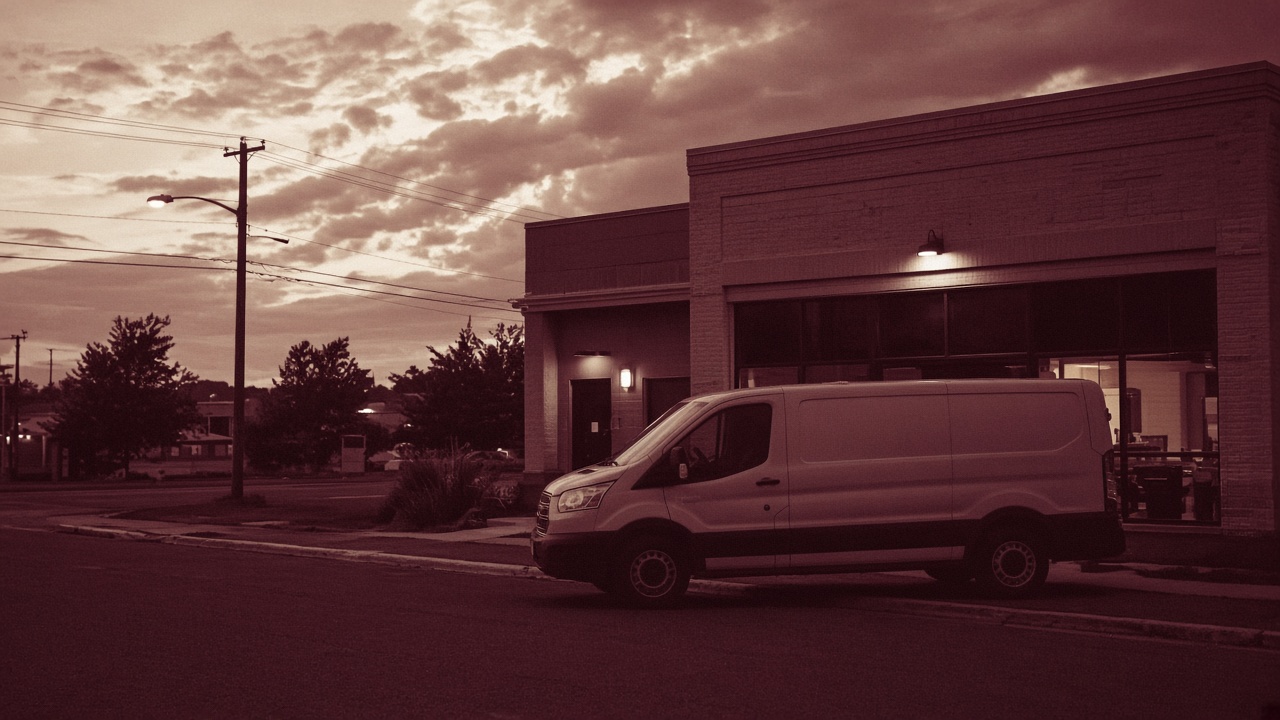 Service van at dusk outside a shop