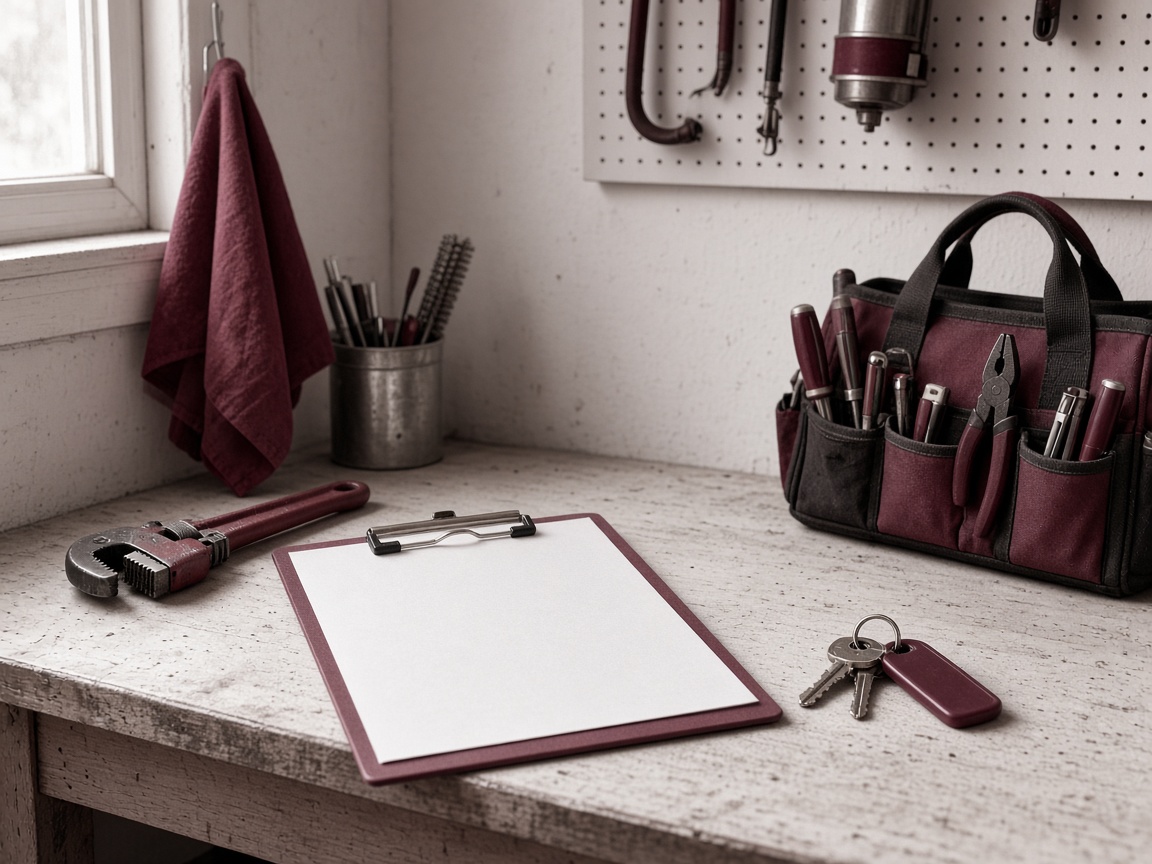 Service contractor workbench with clipboard and tools